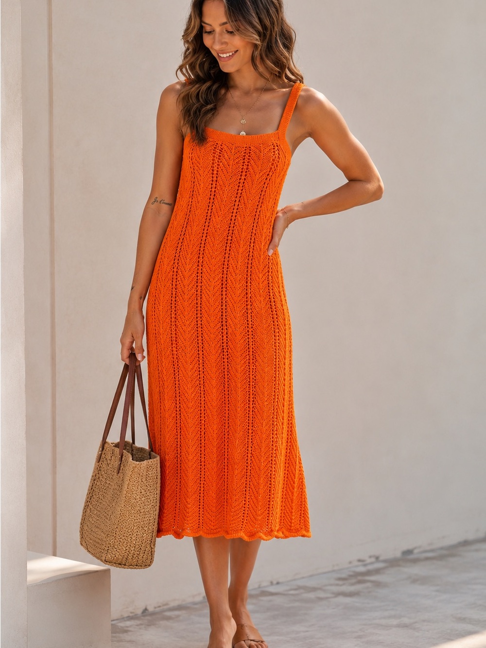 Orange Crochet Knit Sundress Open Tie Back Resort Vacation Midi Dress Sz Small - Picture 2 of 6